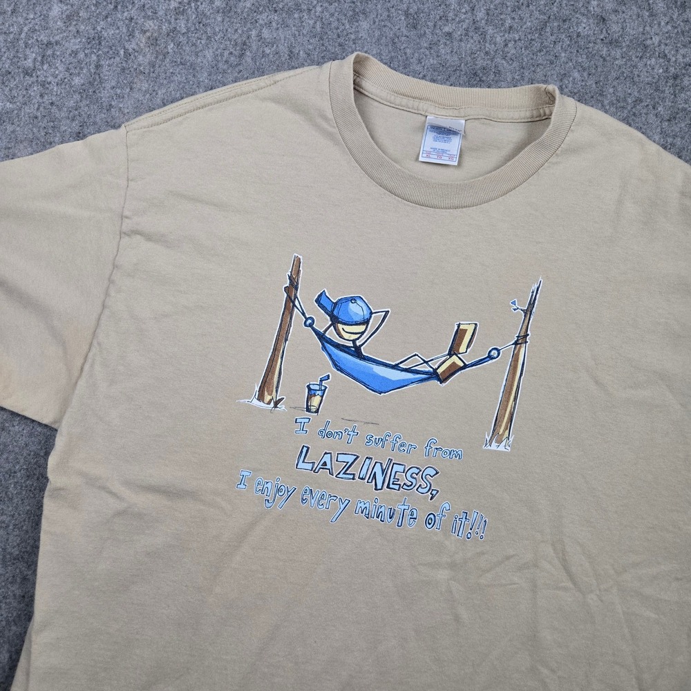 Y2K Funny Graphic Tee Mens XL Tan Laziness Stick Figure T-Shirt Tennessee River